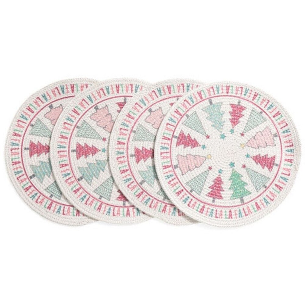 Set of 4 Same Round Braided Placemats (15") COLORFUL CHRISTMAS TREES,FALALALA,RZ